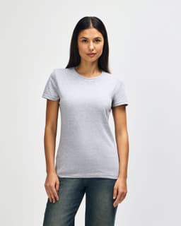 A grey ladies' t-shirt with a fitted style, featuring short sleeves and a round neckline.