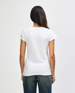 A white ladies' t-shirt with short sleeves, featuring a fitted design and a subtle logo.