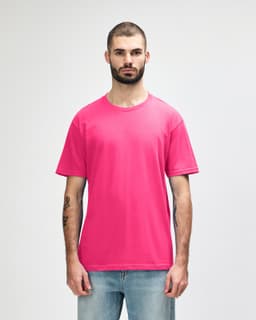 A midweight adult T-shirt in vibrant pink, featuring a side panel design and a logo.
