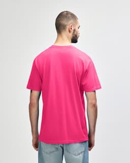 A vibrant pink Gildan Softstyle adult midweight T-shirt displayed from the back, featuring a logo.