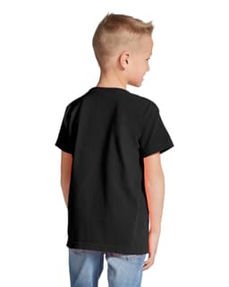 A black youth short sleeve t-shirt displayed from the back, featuring a logo on the upper back area.