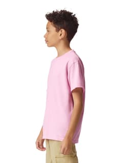 A youth short sleeve t-shirt in pink, featuring a simple design and a logo on the garment.