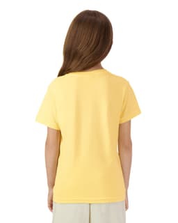 A yellow youth short sleeve t-shirt with a plain back, featuring a logo on the label.