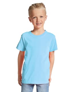 A light blue youth short sleeve t-shirt displayed on a smiling child, featuring a logo.