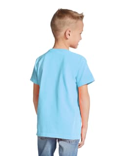 A light blue youth short sleeve T-shirt displayed from the back, featuring a simple design and short sleeves.