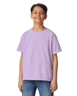 A youth short sleeve t-shirt in lavender, featuring a relaxed fit and a logo on the front.