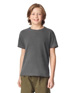 A youth short sleeve T-shirt in dark grey, featuring a classic crew neckline and has a logo.