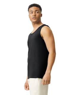 A black adult tank top displayed on a model facing sideways, featuring a logo on the fabric.