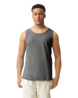 A grey adult tank top with a casual design, featuring a logo on the front. Suitable for warm weather wear.