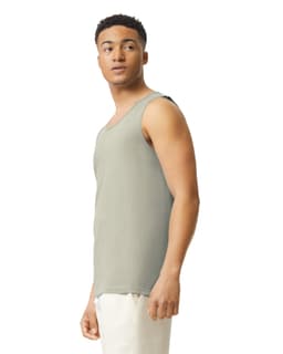 A light green adult tank top shown from the side, featuring a logo on the fabric.