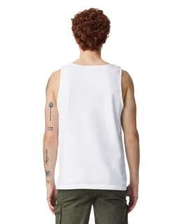 A man wearing a white adult tank top, showcasing a plain back view, with tattoos visible on his arms.