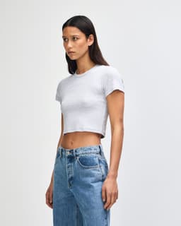 A grey crop fitted T-shirt on a model, paired with blue jeans, featuring a simple design and short sleeves.