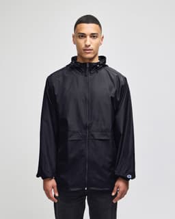 A black full-zip anorak jacket with a hood, featuring a front pocket and a logo.