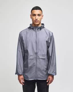 A grey full-zip anorak jacket with a hood and a logo, featuring a front pocket and relaxed fit.