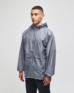 A grey full-zip anorak jacket with a hood and a logo, designed for adults, featuring a relaxed fit.