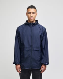 A navy full-zip anorak jacket with a hood, featuring a front pocket and branding on the sleeve.