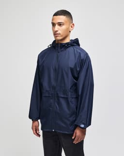 A full-zip anorak jacket in navy blue, featuring a hood and a logo on the sleeve.