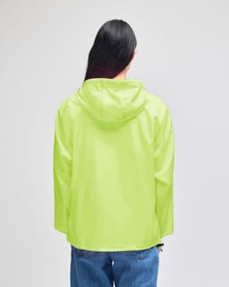 A packable anorak jacket in bright yellow, featuring a hood and a logo, viewed from the back.