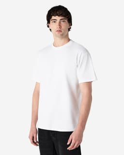 A white Gildan Hammer adult T-shirt displayed on a male model against a plain background, featuring a logo.