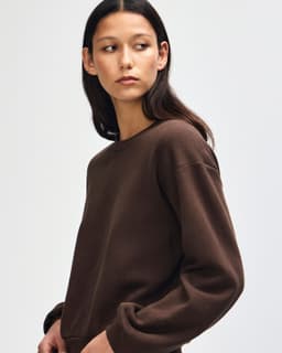 A brown women's crewneck sweatshirt with a relaxed fit, featuring long sleeves and a subtle logo.