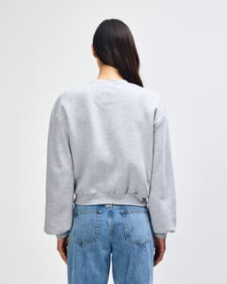 A women's crewneck sweatshirt in grey, featuring a relaxed fit and long sleeves, visible from the back.