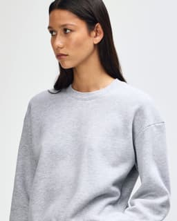 A grey women's crewneck sweatshirt with a relaxed fit and long sleeves. It features a logo on the front.