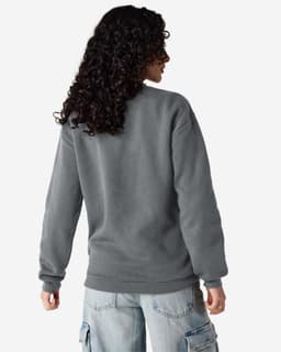 A unisex crewneck sweatshirt in grey, featuring a plain design and a logo on the back.