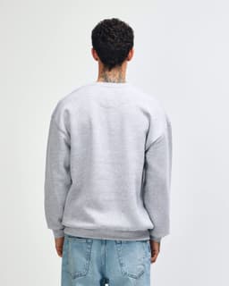A unisex crewneck sweatshirt in grey, featuring a simple design and a logo on the back.