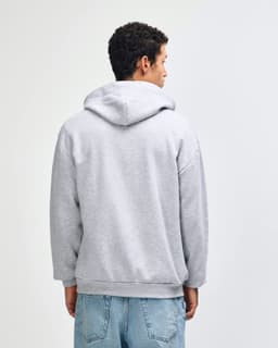A unisex full zip hooded sweatshirt in grey, featuring a hood at the back and a logo.