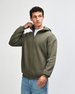 A unisex full zip hooded sweatshirt in olive green, featuring a hood and a zip closure. It includes a logo.
