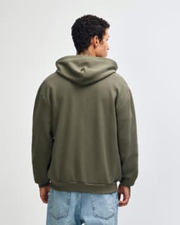 A unisex full zip hooded sweatshirt in olive green, featuring a hood and a logo on the back.