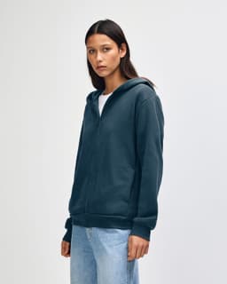 A unisex full zip hooded sweatshirt in navy blue, featuring a front zipper and a logo.