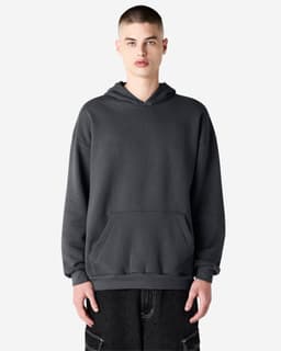 A unisex hoodie in dark grey featuring a front pocket and a drawstring hood. It has a brand logo.