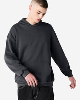 A unisex hooded sweatshirt in dark grey with a relaxed fit and front pocket, featuring a logo.