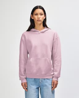 A unisex hooded sweatshirt in light pink, featuring a front pocket and a logo.