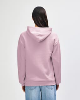 A pink unisex hooded sweatshirt featuring a spacious hood and a relaxed fit, with a visible logo on the back.
