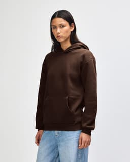 A unisex hooded sweatshirt in deep brown with a front pocket and a logo on the chest.