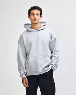 A grey unisex hooded sweatshirt featuring a front pocket and a logo on the chest.