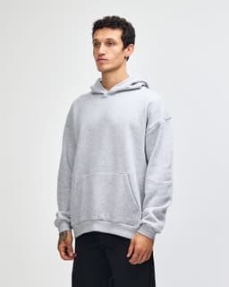 A grey unisex hooded sweatshirt with a kangaroo pocket and long sleeves, featuring a logo.
