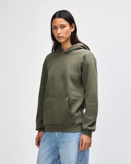 A unisex hooded sweatshirt in olive green, featuring a front pocket and an attached hood. It has a logo on the front.