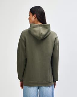 A unisex hooded sweatshirt in olive green with a relaxed fit and a hood, featuring a logo.