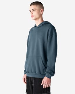 A unisex hooded sweatshirt in a dark blue colour, featuring a front pocket and a logo on the garment.