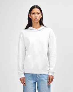 A unisex hooded sweatshirt in white, featuring a front pocket and a logo.