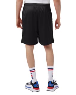 Black mesh sports shorts with pockets, featuring a logo, viewed from the back. Suitable for athletic wear.