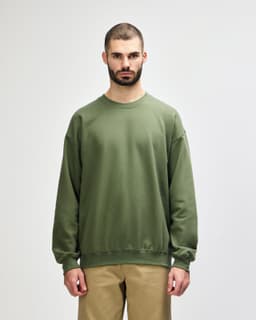A green Gildan Softstyle adult sweatshirt, featuring a classic crew neck and long sleeves. The model stands facing forward.