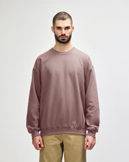 A plain, long-sleeved sweatshirt in a muted mauve colour, featuring a crew neck and relaxed fit. It has a logo.