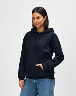 A black hooded sweatshirt with a front pocket and a drawstring hood, featuring a logo.