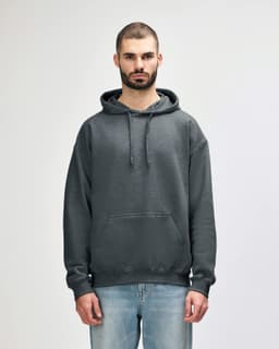 A grey hooded sweatshirt with a front pouch pocket and a drawstring hood, featuring a logo.