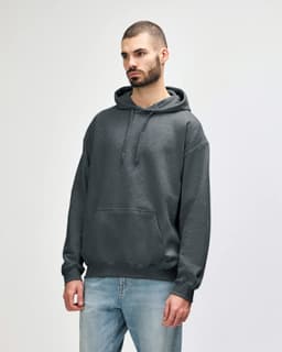 A softstyle hooded sweatshirt in a dark grey colour, featuring a front pocket and a logo.