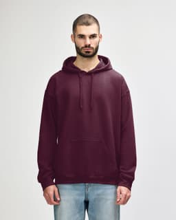 A maroon hooded sweatshirt with a front pocket and drawstrings, featuring a logo on the chest.